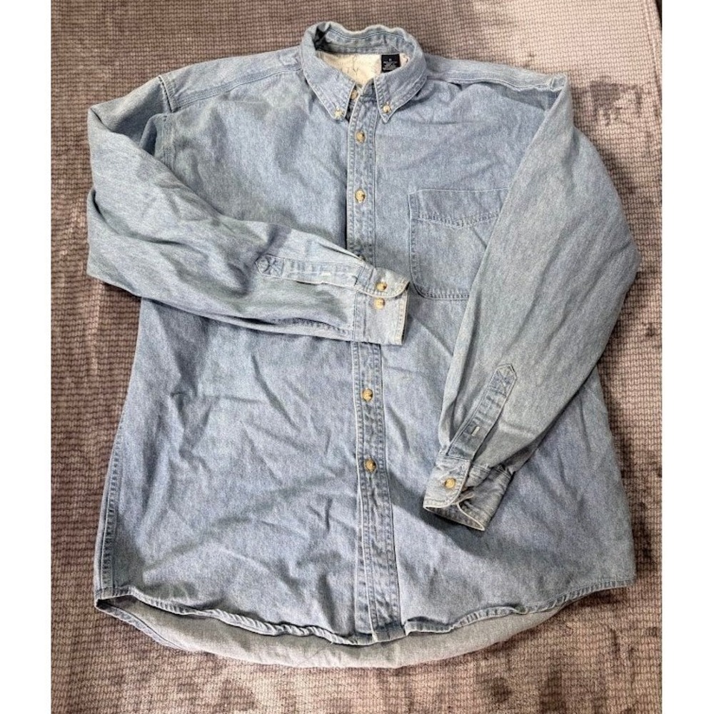Vintage County Seat Denim Shirt‎ Mens Medium Light Wash Cotton Button Long Slv